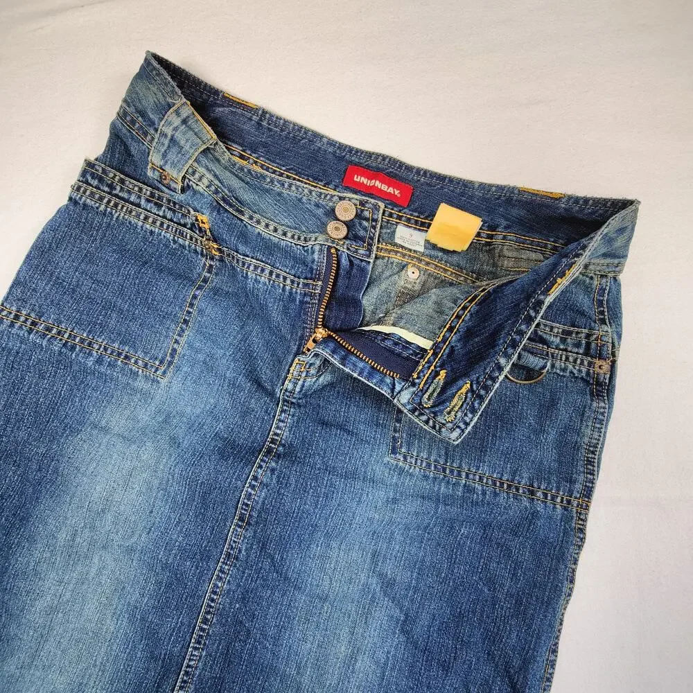 VTG Casual Streetwear Teen Junior UNIONBAY Y2K Denim Side Slits Midi Skirt